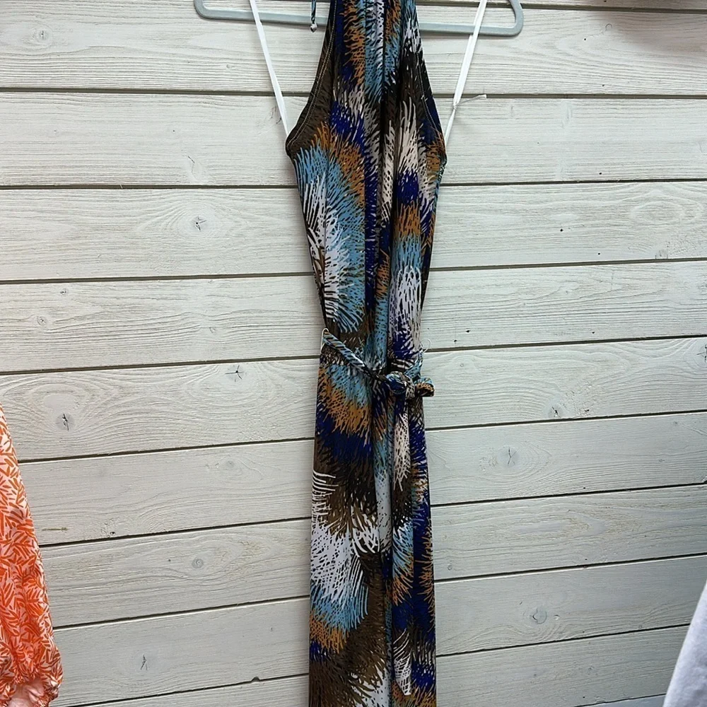 Nikki Poulos Size Sm Tie Dye Halter Jumpsuit Brown Blue Belted Cut Out Tie Neck